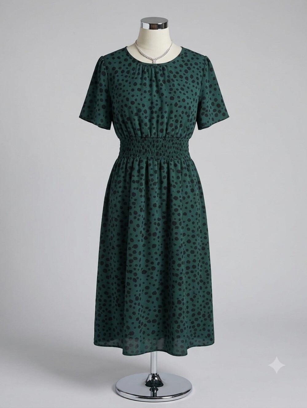 SHEIN Dark Green Polka Dot Ruched-Waist Midi Dress - Fit 12/14